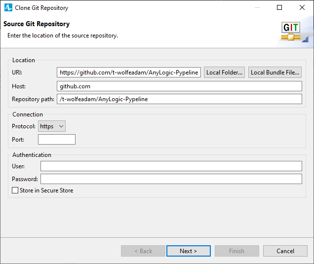 AnyLogic: The Clone Git Repositories dialog