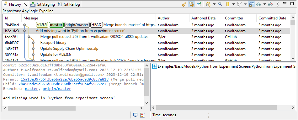 AnyLogic: The Git History view