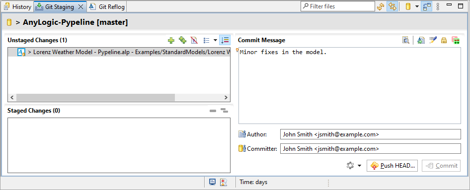 AnyLogic: The Git Staging view