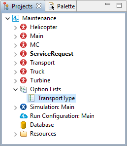AnyLogic: Option Lists in the model elements tree in AnyLogic